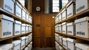Regale mit weißen Archivboxen in einem historischen Stadtarchiv zur lokalen Recherche.