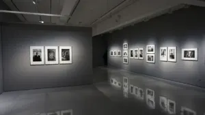 Innenansicht einer modernen Kunstgalerie mit gerahmten Werken an einer grauen Wand.