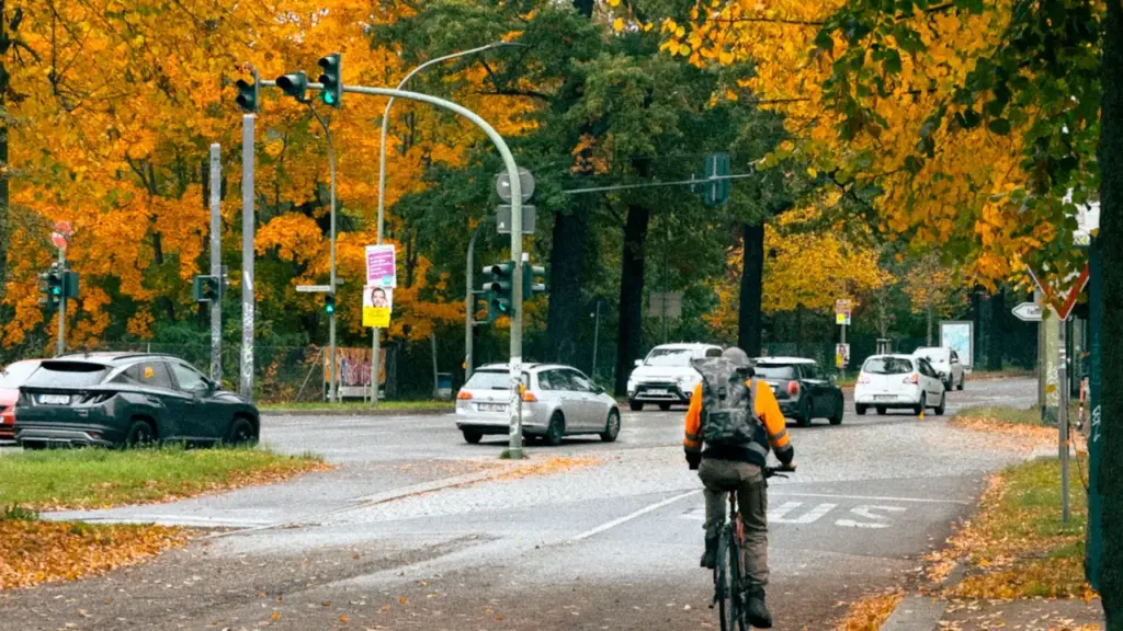 Ein Radfahrer fährt auf einer herbstlichen Straße in Berlin bei wechselhaftem Wetter.